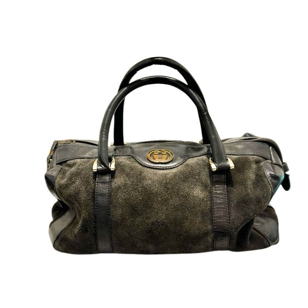 Gucci Black And Olive Green Leather And Suede Boston Handbag